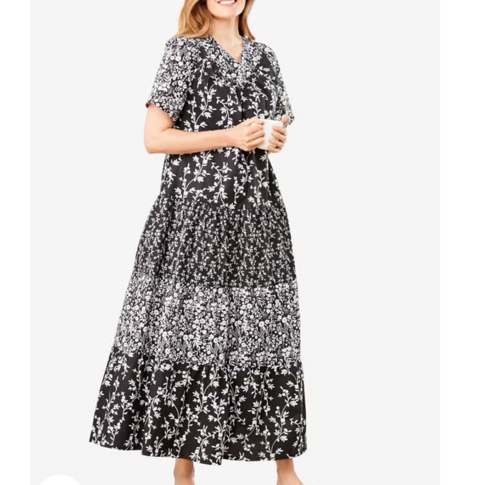 Only Necessities Lounger, Long Tiered House Dress, Black & White Floral Maxi 5X